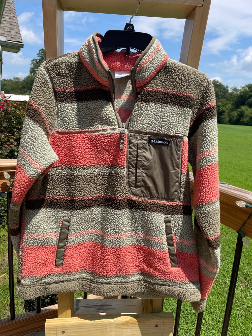 Columbia Coral and Olive Striped Sherpa Half-Zip Pullover